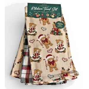 Envogue Christmas Teddy Bears Dish Kitchen Towels 100% Cotton Set of 3